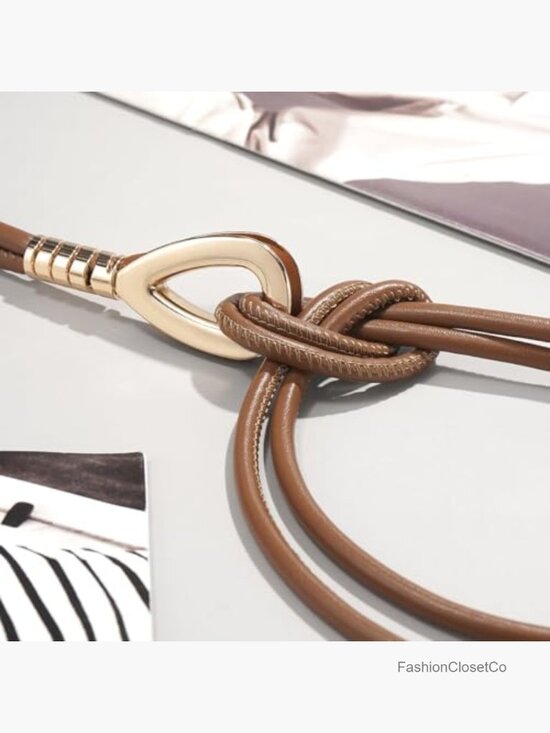 Faux Leather Skinny Belt with Gold Buckle Knotted Waist Belt for Dresses main image 4